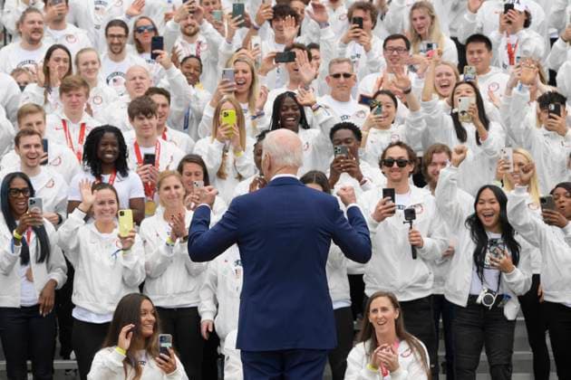 May 4, 2022, Washington, DC, United States: President Joe Biden speaks during a welcoming ceremony of Team USA to White House at South Lawn White House in Washington DC, USA. Copyright: xLeninxNollyx