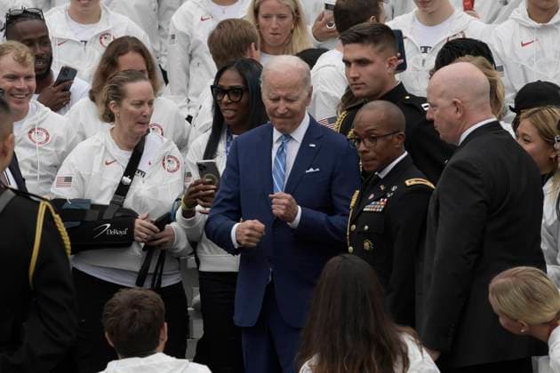 May 4, 2022, Washington, DC, United States: President Joe Biden greets members of Team USA during a welcoming ceremony of Team USA to White House at South Lawn White House in Washington DC, USA. Copyright: xLeninxNollyx
