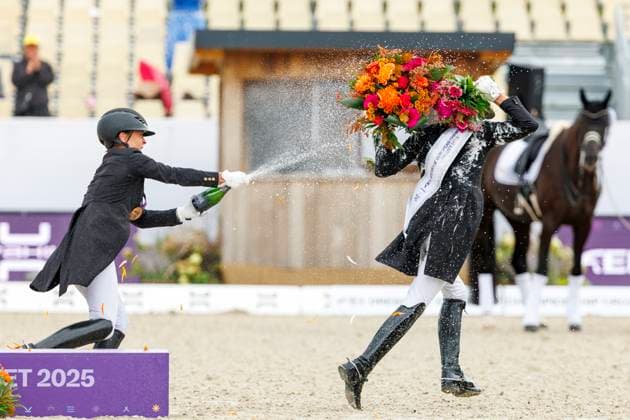 CROZET FRA FEI Dressage European Championship 2025, CROZET FRA FEI Dressage European Championship 2025 VERBOOMEN Justin BEL , LAUDRUP DUFOUR Cathrine DEN , WERTH Isabell GER Champagne shower Prize giving ceremony Grand Prix Special Individual Competition Crozet, Jiva Hill Stables August 29, 2025