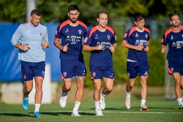 Croatian National Football Team training Martin Erlic and Lovro Majer of Croatia warm up during the Croatian national football team s training session ahead of the World Cup qualifiers. They face the Faroe Islands on September 5th and the Czech Republic on September 8th. IgorxSoban PIXSELL