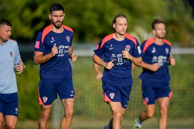 Croatian National Football Team training Martin Erlic and Lovro Majer of Croatia warm up during the Croatian national football team s training session ahead of the World Cup qualifiers. They face the Faroe Islands on September 5th and the Czech Republic on September 8th. IgorxSoban PIXSELL