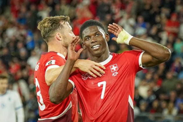 Soccer FIFA World Cup Qualification Europe 2025 26, Group B Switzerland vs Kosovo St Jakob Park Basel Goal and goal celebration to 4 0 by Breel Embolo Switzerland, 7 Joy, emotions, jubilation with Silvan Widmer Switzerland, 3 Basel Canton Basel City Switzerland Copyright: xJOERANxSTEINSIEKx