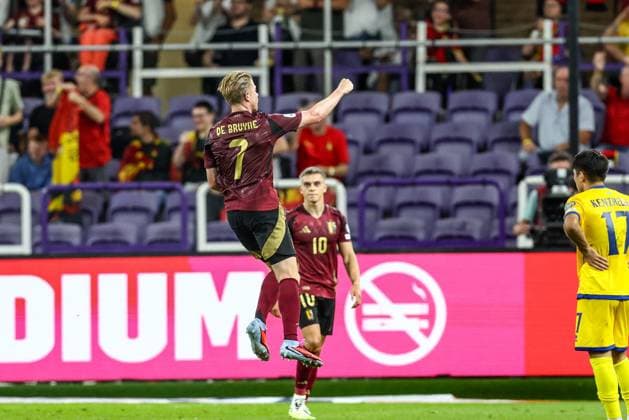 Belgium s Kevin De Bruyne celebrates after scoring during a soccer game between Belgian national soccer team Red Devils and Kazakhstan, in Brussels, on Sunday 07 September 2025, the fourth (out of 8) qualification games for the World Cup 2026. BRUNOxFAHY x133564562x