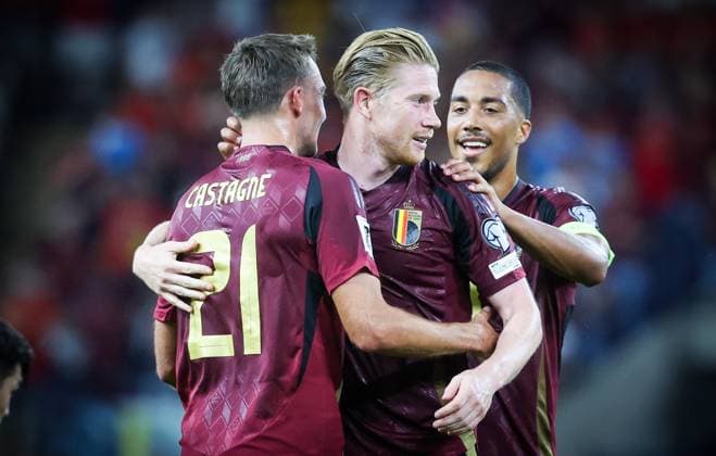 Belgium s Kevin De Bruyne celebrates after scoring during a soccer game between Belgian national soccer team Red Devils and Kazakhstan, in Brussels, on Sunday 07 September 2025, the fourth (out of 8) qualification games for the World Cup 2026. VIRGINIExLEFOUR x133565924x
