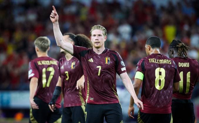 Belgium s Kevin De Bruyne celebrates after scoring during a soccer game between Belgian national soccer team Red Devils and Kazakhstan, in Brussels, on Sunday 07 September 2025, the fourth (out of 8) qualification games for the World Cup 2026. VIRGINIExLEFOUR x133565931x