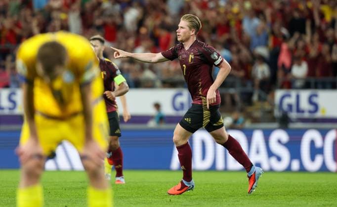 Belgium s Kevin De Bruyne celebrates after scoring during a soccer game between Belgian national soccer team Red Devils and Kazakhstan, in Brussels, on Sunday 07 September 2025, the fourth (out of 8) qualification games for the World Cup 2026. VIRGINIExLEFOUR x133566455x