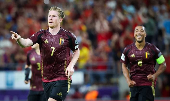 Belgium s Kevin De Bruyne celebrates after scoring during a soccer game between Belgian national soccer team Red Devils and Kazakhstan, in Brussels, on Sunday 07 September 2025, the fourth (out of 8) qualification games for the World Cup 2026. VIRGINIExLEFOUR x133566463x