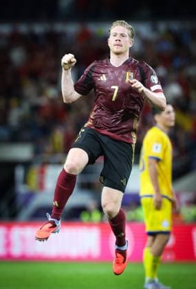 Belgium s Kevin De Bruyne celebrates after scoring during a soccer game between Belgian national soccer team Red Devils and Kazakhstan, in Brussels, on Sunday 07 September 2025, the fourth (out of 8) qualification games for the World Cup 2026. VIRGINIExLEFOUR x133566467x