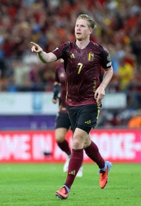Belgium s Kevin De Bruyne celebrates after scoring during a soccer game between Belgian national soccer team Red Devils and Kazakhstan, in Brussels, on Sunday 07 September 2025, the fourth (out of 8) qualification games for the World Cup 2026. VIRGINIExLEFOUR x133566481x