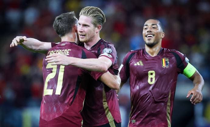 Belgium s Kevin De Bruyne celebrates after scoring during a soccer game between Belgian national soccer team Red Devils and Kazakhstan, in Brussels, on Sunday 07 September 2025, the fourth (out of 8) qualification games for the World Cup 2026. VIRGINIExLEFOUR x133566491x