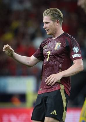 Belgium s Kevin De Bruyne celebrates after scoring during a soccer game between Belgian national soccer team Red Devils and Kazakhstan, in Brussels, on Sunday 07 September 2025, the fourth (out of 8) qualification games for the World Cup 2026. VIRGINIExLEFOUR x133566501x