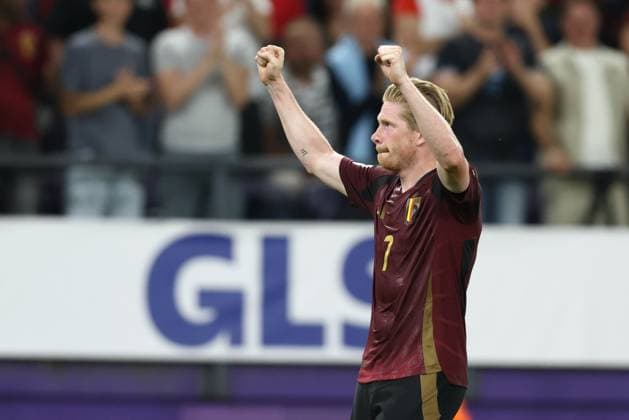 Belgium s Kevin De Bruyne celebrates after scoring during a soccer game between Belgian national soccer team Red Devils and Kazakhstan, in Brussels, on Sunday 07 September 2025, the fourth (out of 8) qualification games for the World Cup 2026. BRUNOxFAHY x133572023x