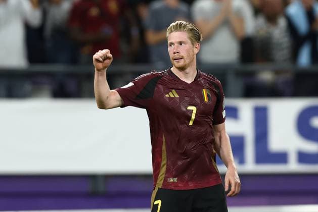 Belgium s Kevin De Bruyne celebrates after scoring during a soccer game between Belgian national soccer team Red Devils and Kazakhstan, in Brussels, on Sunday 07 September 2025, the fourth (out of 8) qualification games for the World Cup 2026. BRUNOxFAHY x133572315x