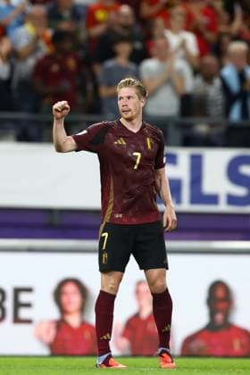 Belgium s Kevin De Bruyne celebrates after scoring during a soccer game between Belgian national soccer team Red Devils and Kazakhstan, in Brussels, on Sunday 07 September 2025, the fourth (out of 8) qualification games for the World Cup 2026. BRUNOxFAHY x133572335x