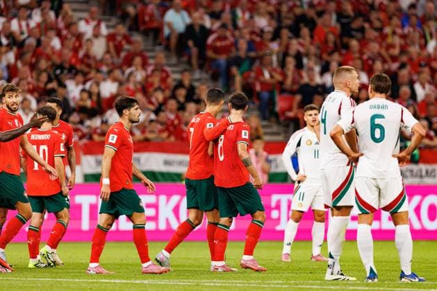 Players of Portugal seen celebrating after goal from Bernardo Silva during World Cup 2026 European qualification game between national teams of Hungary and Portugal (Maciej Rogowski Ball Raw Images) Budapest Puskas Arena Hungary Copyright: xMaciejxRogowskix maciejrogowski_hungary_portugal_2526-19