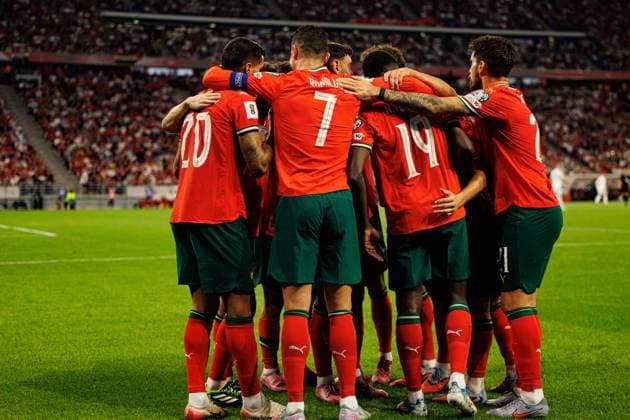 Players of Portugal seen celebrating after goal from Cristiano Ronaldo during World Cup 2026 European qualification game between national teams of Hungary and Portugal (Maciej Rogowski Ball Raw Images) Budapest Puskas Arena Hungary Copyright: xMaciejxRogowskix maciejrogowski_hungary_portugal_2526-39