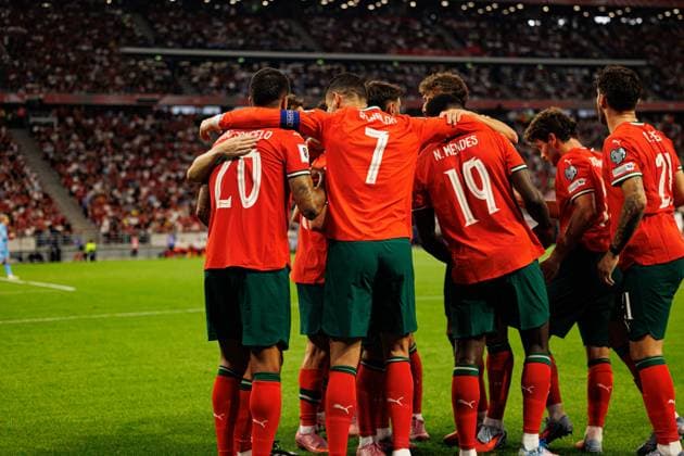 Players of Portugal seen celebrating after goal from Cristiano Ronaldo during World Cup 2026 European qualification game between national teams of Hungary and Portugal (Maciej Rogowski Ball Raw Images) Budapest Puskas Arena Hungary Copyright: xMaciejxRogowskix maciejrogowski_hungary_portugal_2526-40