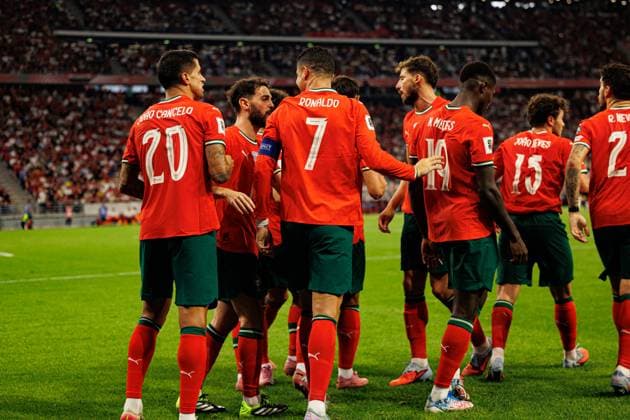 Players of Portugal seen celebrating after goal from Cristiano Ronaldo during World Cup 2026 European qualification game between national teams of Hungary and Portugal (Maciej Rogowski Ball Raw Images) Budapest Puskas Arena Hungary Copyright: xMaciejxRogowskix maciejrogowski_hungary_portugal_2526-42
