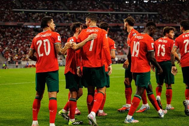 Players of Portugal seen celebrating after goal from Cristiano Ronaldo during World Cup 2026 European qualification game between national teams of Hungary and Portugal (Maciej Rogowski Ball Raw Images) Budapest Puskas Arena Hungary Copyright: xMaciejxRogowskix maciejrogowski_hungary_portugal_2526-43
