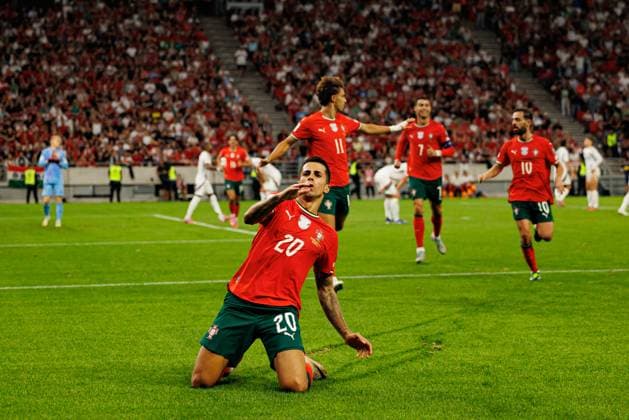 Joao Cancelo seen celebrating after scoring goal during World Cup 2026 European qualification game between national teams of Hungary and Poland (Maciej Rogowski Ball Raw Images) Budapest Puskas Arena Hungary Copyright: xMaciejxRogowskix maciejrogowski_hungaryvsportugal_2526-588