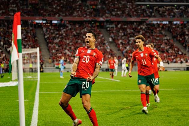 Joao Cancelo seen celebrating after scoring goal during World Cup 2026 European qualification game between national teams of Hungary and Poland (Maciej Rogowski Ball Raw Images) Budapest Puskas Arena Hungary Copyright: xMaciejxRogowskix maciejrogowski_hungaryvsportugal_2526-595