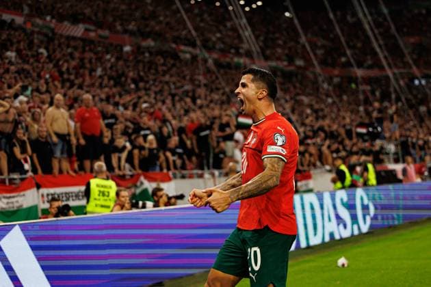 Joao Cancelo seen celebrating after scoring goal during World Cup 2026 European qualification game between national teams of Hungary and Poland (Maciej Rogowski Ball Raw Images) Budapest Puskas Arena Hungary Copyright: xMaciejxRogowskix maciejrogowski_hungaryvsportugal_2526-607