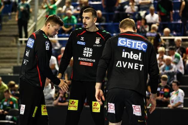 Goalkeeper Matej Mandic SC Magdeburg,12 and Goalkeeper Sergey Hernandez Ferrer SC Magdeburg,1 Handball Machineseeker Champions League Season 2025 2026 SC Magdeburg vs Paris Saint Germain at the GETEC Arena in Magdeburg Handball,Germany,10 09 2025