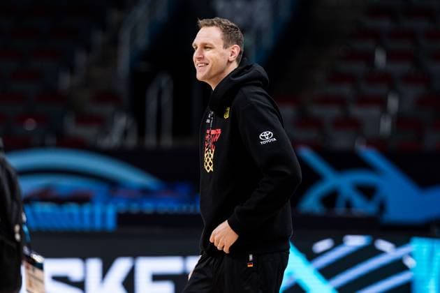 FIBA EuroBasket 2025 Germany final training 14 09 2025 Johannes Voigtmann Germany, 7 laughing FIBA EuroBasket 2025 Germany final training Riga, Arena Riga on 14 09 2025 Copyright: xBEAUTIFULxSPORTS Wunderlx