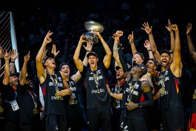 Basketball Riga 14 09 2025 DBB International Mens EuroBasket 2025 Final Turkey TUR Germany GER Germany is European Champion Cheers Johannes Voigtmann Germany, No 07
