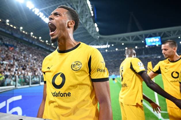 Turin, Allianz Stadium, 16 09 25, ITA, Men, UEFA Champions Leaugue, Season 2025 2026, Juventus Turin Borussia Dortmund Picture Felix NMECHA Dortmund cheers after scoring the 0 1 UEFA regulations prohibit any use of photographs as image sequences and or quasi video Piedmont Italy