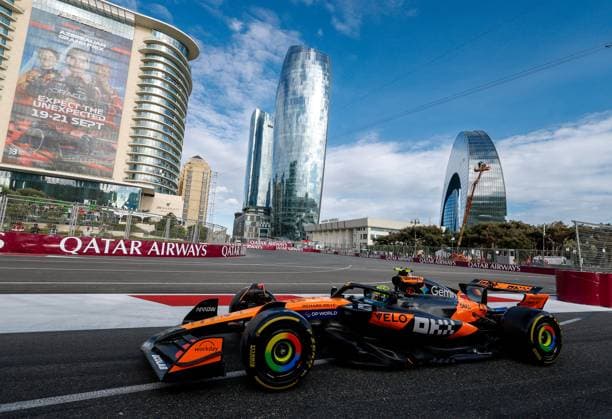 F1 - AZERBAIJAN GRAND PRIX 2025 04 NORRIS Lando (gbr), McLaren F1 Team MCL39, action during the 2025 Formula 1 Qatar Airways Azerbaijan Grand Prix, 17th round of the 2025 FIA Formula One World Championship, WM, Weltmeisterschaft from September 19 to 21, 2025 on the Baku City Circuit, in Baku, Azerbaijan - BakuAzerbaijan  Copyright: xDPPIx