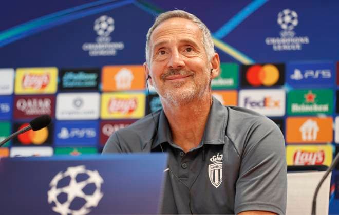 La Turbie, France September 30, 2025 AS Monaco vs Manchester City, UEFA Champions League Group Stage D2 Press Conference with Coach Adolf Adi Huetter Mandoga Media Germany AS Monaco vs Manchester City, UEFA Champions League Group Stage D2