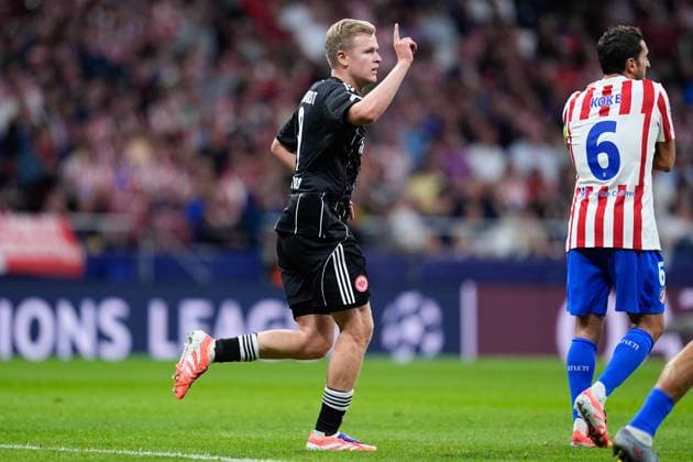 September 30, 2025, Madrid, Madrid, Spain: Jonathan Burkardt of Eintracht Frankfurt celebrates a goal during the UEFA Champions League 2025 26 League Phase MD2 match between Atletico de Madrid and Eintracht Frankfurt at Riyadh Air Metropolitano on September 30, 2025, in Madrid, Spain. Madrid Spain - ZUMAa181 20250930_zaa_a181_312 Copyright: xDennisxAgyemanx