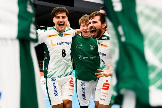 Goeppingen DHB Pokal 25 26 Frisch Auf Goeppingen SC DHfK Leipzig Lucas Krzikalla Leipzig , Lukas Binder Leipzig Schlussjubel Schlußjubel Emotion Freude Goeppingen EWS Arena Baden Württemberg Germany