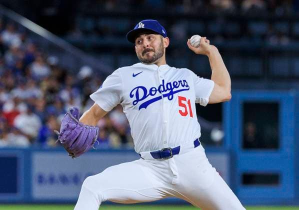 October 1, 2025, Los Angeles, California, USA: Relief pitcher, Alex Vesia 51 of the Los Angeles Dodgers during their MLB, Baseball Herren, USA Wild Card Game 2 against the Cincinnati Reds on Wednesday October 1, 2025 at Dodger Stadium in Los Angeles, California. JAVIER ROJAS PI Los Angeles USA - ZUMAp124 20251001_zaa_p124_036 Copyright: xJavierxRojasx