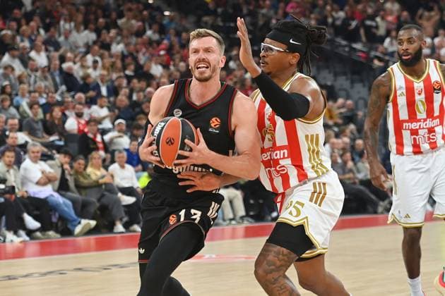 Andreas OBST FCB , action,duel against Chima MONEKE Belgrade Basketball Euro League,season 2025 2026, FC Bayern Muenchen Red Star Belgrade on 02 10 2025, S A P G A R D EN