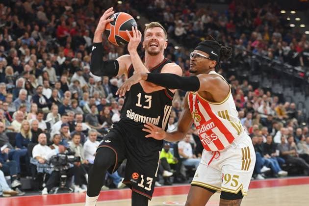 Andreas OBST FCB , action,duel against Chima MONEKE Belgrade Basketball Euro League,season 2025 2026, FC Bayern Muenchen Red Star Belgrade on 02 10 2025, S A P G A R D EN