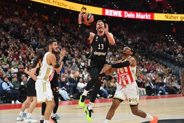 Andreas OBST FCB , action,duel against Chima MONEKE Belgrade u d Nikola KALINIC Belgrade,li Basketball Euro League,season 2025 2026, FC Bayern Muenchen Red Star Belgrade on 02 10 2025, S A P G A R D EN