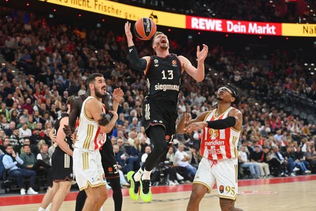 Andreas OBST FCB , action,duel against Chima MONEKE Belgrade u d Nikola KALINIC Belgrade,li Basketball Euro League,season 2025 2026, FC Bayern Muenchen Red Star Belgrade on 02 10 2025, S A P G A R D EN