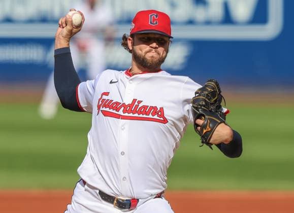 Cleveland Guardians starting pitcher Slade Cecconi (44) throws against the Detroit Tigers in the first inning during game three of a MLB, Baseball Herren, USA American League Wild Card series at Progressive Field in Cleveland, Ohio on Thursday, October 2, 2025.  CLE20251002903 AARONxJOSEFCZYK