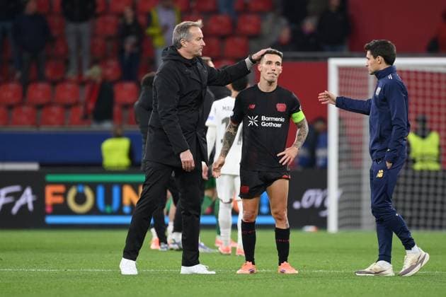 Coach Kasper Hjulmand Bayer 04 Leverkusen , Alejandro Grimaldo Bayer 04 Leverkusen , v li after the match 01 10 2025, Soccer Champions League 2025 2026, Matchday 2, Bayer 04 Leverkusen PSV Eindhoven 1 1 UEFA regulations prohibit any use of photographs as image sequences and or quasi video Leverkusen BayArena Nordrhein Westfalen Germany Team2