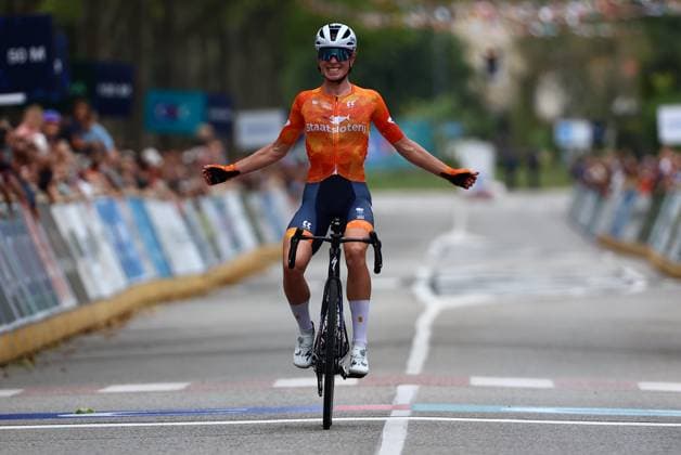 Netherlands Demi Vollering celebrates as she crosses the finish line to win the Women Elite road race of 116,1 km at the UEC road European cycling championships, Saturday 04 October 2025, in Loriol-sur-Drome, France. The European cycling championships Drome-Ardeche takes place from 1 to 5 October. DAVIDxPINTENS x136062094x