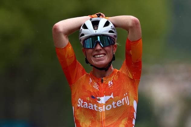 Netherlands Demi Vollering celebrates as she crosses the finish line to win the Women Elite road race of 116,1 km at the UEC road European cycling championships, Saturday 04 October 2025, in Loriol-sur-Drome, France. The European cycling championships Drome-Ardeche takes place from 1 to 5 October. DAVIDxPINTENS x136063631x