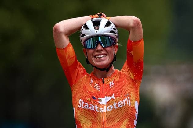 Netherlands Demi Vollering celebrates as she crosses the finish line to win the 116,1 km road race of the Women Elite category at the UEC road European cycling championships, Saturday 04 October 2025, in Loriol-sur-Drome, France. The European cycling championships Drome-Ardeche takes place from 1 to 5 October. DAVIDxPINTENS x136065615x