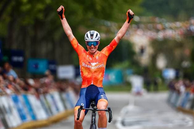 Netherlands Demi Vollering celebrates as she crosses the finish line to win the 116,1 km road race of the Women Elite category at the UEC road European cycling championships, Saturday 04 October 2025, in Loriol-sur-Drome, France. The European cycling championships Drome-Ardeche takes place from 1 to 5 October. DAVIDxPINTENS x136065710x