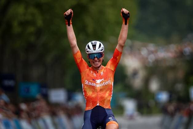 Netherlands Demi Vollering celebrates as she crosses the finish line to win the 116,1 km road race of the Women Elite category at the UEC road European cycling championships, Saturday 04 October 2025, in Loriol-sur-Drome, France. The European cycling championships Drome-Ardeche takes place from 1 to 5 October. DAVIDxPINTENS x136065725x