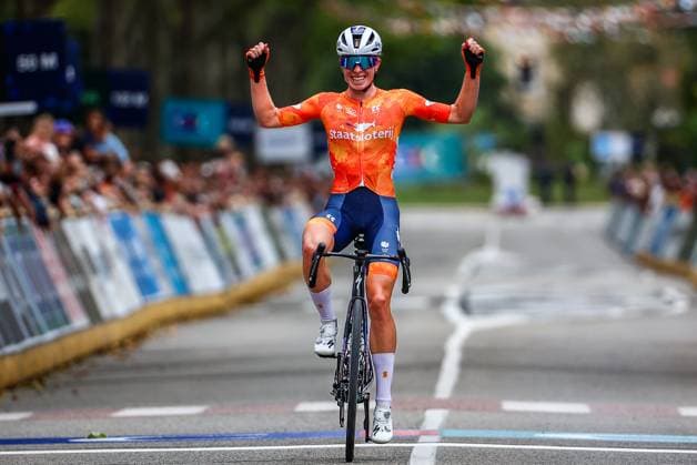 Netherlands Demi Vollering celebrates as she crosses the finish line to win the 116,1 km road race of the Women Elite category at the UEC road European cycling championships, Saturday 04 October 2025, in Loriol-sur-Drome, France. The European cycling championships Drome-Ardeche takes place from 1 to 5 October. DAVIDxPINTENS x136065777x