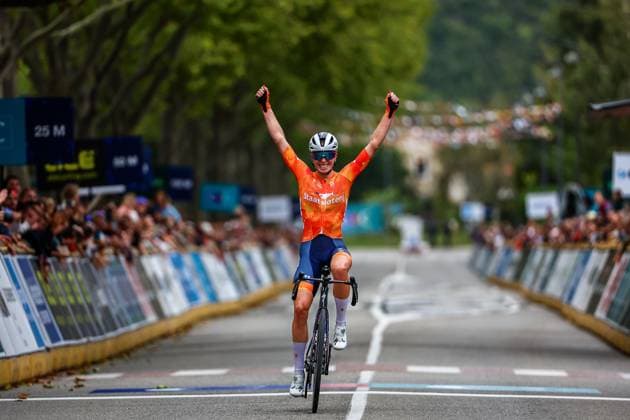 Netherlands Demi Vollering celebrates as she crosses the finish line to win the 116,1 km road race of the Women Elite category at the UEC road European cycling championships, Saturday 04 October 2025, in Loriol-sur-Drome, France. The European cycling championships Drome-Ardeche takes place from 1 to 5 October. DAVIDxPINTENS x136065813x