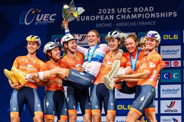 Netherlands Demi Vollering celebrates with her teammates after winning the 116,1 km road race of the Women Elite category at the UEC road European cycling championships, Saturday 04 October 2025, in Loriol-sur-Drome, France. The European cycling championships Drome-Ardeche takes place from 1 to 5 October. DAVIDxPINTENS x136066305x