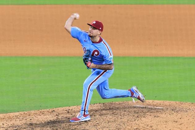 October 9, 2025, Los Angeles, California, USA: Relief pitcher, Orion Kerkering 50 of the Philadelphia Phillies during their MLB, Baseball Herren, USA National League Division Series Game 4 against the Los Angeles Dodgers on Thursday October 9, 2025 at Dodger Stadium in Los Angeles, California. Dodgers defeat Phillies, 2-1 in ten innings to win the NLDS. JAVIER ROJAS PI Los Angeles USA - ZUMAp124 20251009_zaa_p124_065 Copyright: xJavierxRojasx